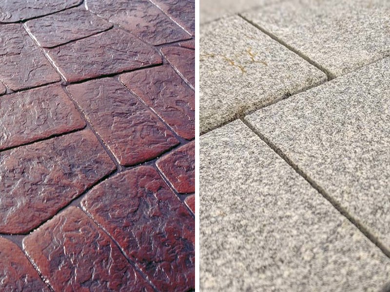 Bê tông áp khuôn (bên trái) và đá tự nhiên (bên phải)