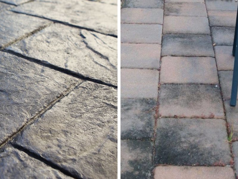 Bê tông áp khuôn (bên trái) và gạch lát nền (bên phải) sau một thời gian sử dụng 