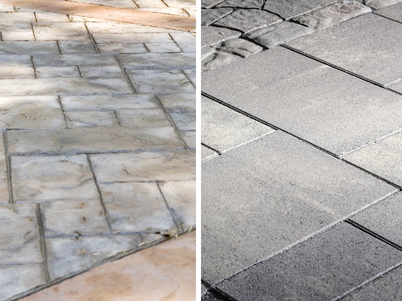 Bê tông áp khuôn (bên trái) và gạch lát nền (bên phải) 