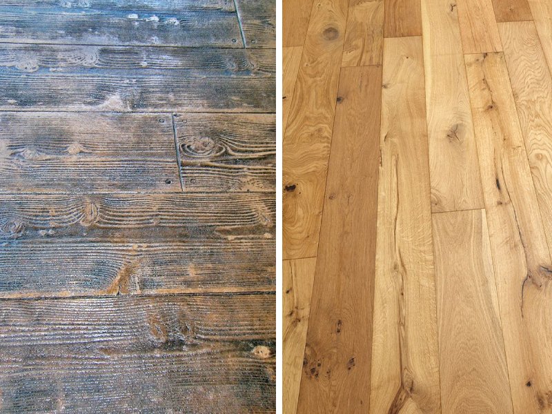 Bê tông áp khuôn (bên trái) và sàn gỗ tự nhiên