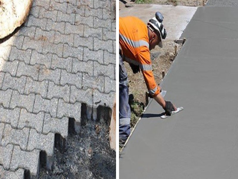 Thi công gạch lát nền (bên trái) và thi công bê tông áp khuôn (bên phải)