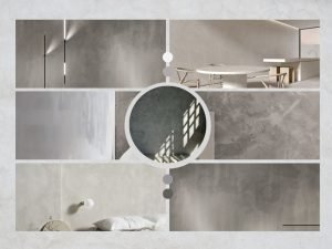 Tường hiệu ứng bê tông với tone xám đặc trưng.