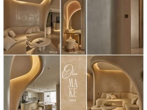 Tường hiệu ứng bê tông với màu be nhẹ nhàng.